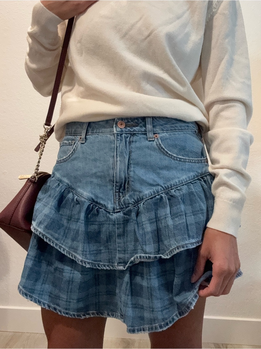 American Eagle Super High Rise Denim Skirt with Plaid Ruffles